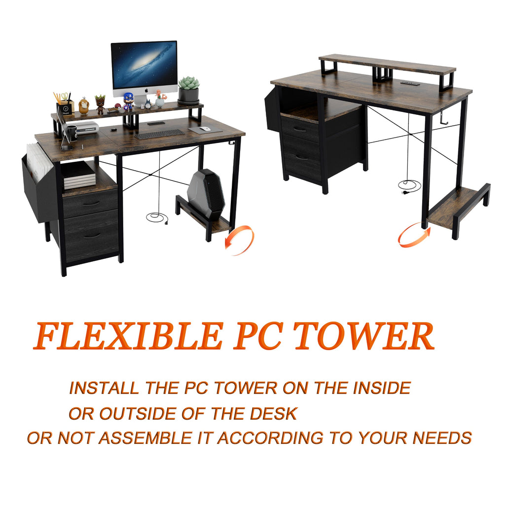 Computer Desk with Drawer and Power Outlets, 47' Office Desk with 2 Monitor Stands and Fabric File Cabinet, Writing Gaming Table with Shelves and Hooks for Home Office, Rustic Brown