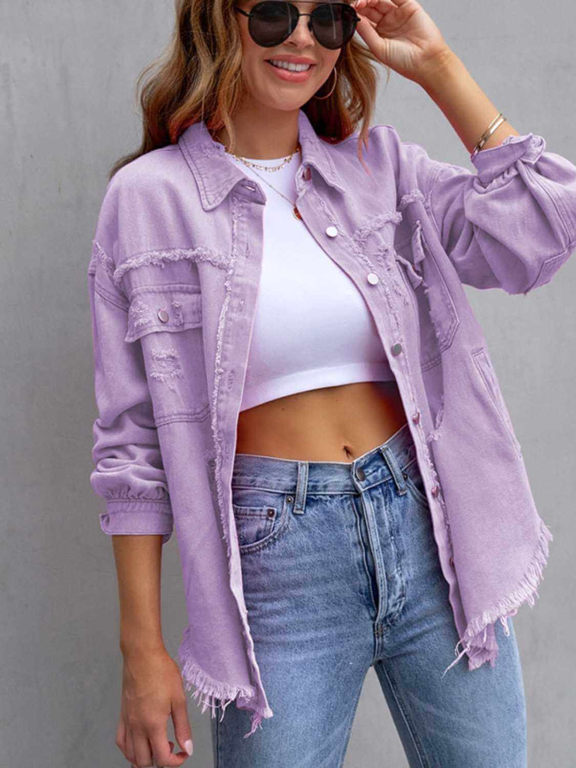 Distressed Drop Shoulder Fringe Denim Jacket Cotton Blend