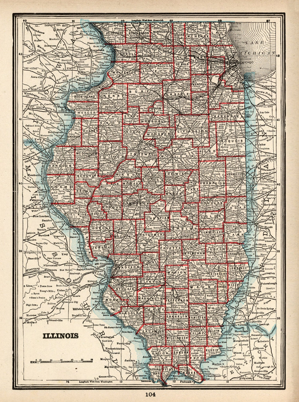 Vintage Map of Illinois 1893