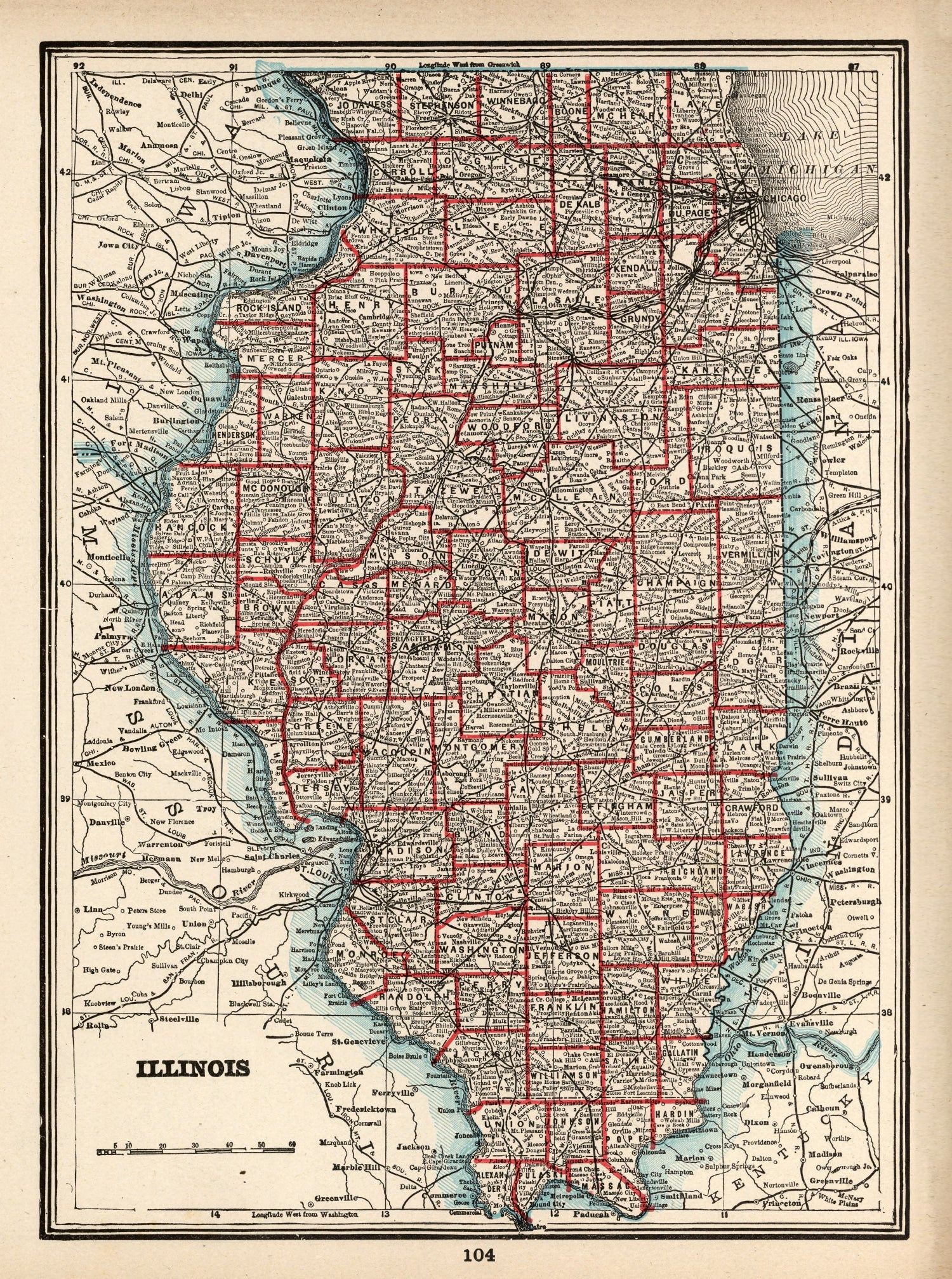 Vintage Map of Illinois 1893