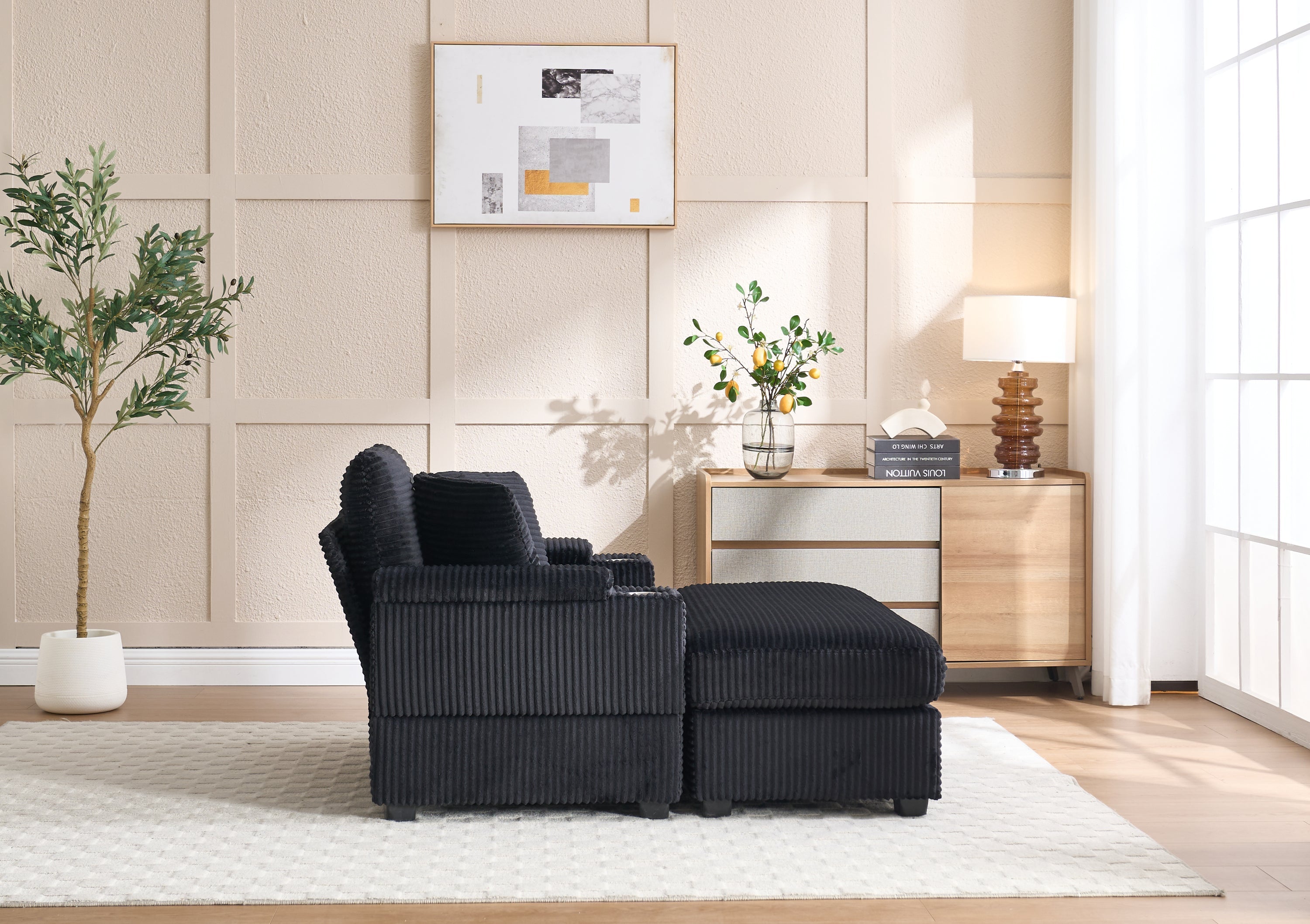 [VIDEO/New]Corduroy Upholstered Chaise Lounge Sofa with Handrail storage,Movable ottoman,Cupholders,Detachable Cushions Deep Seat for Living Room Office,5 colour,Wide stripe corduroy