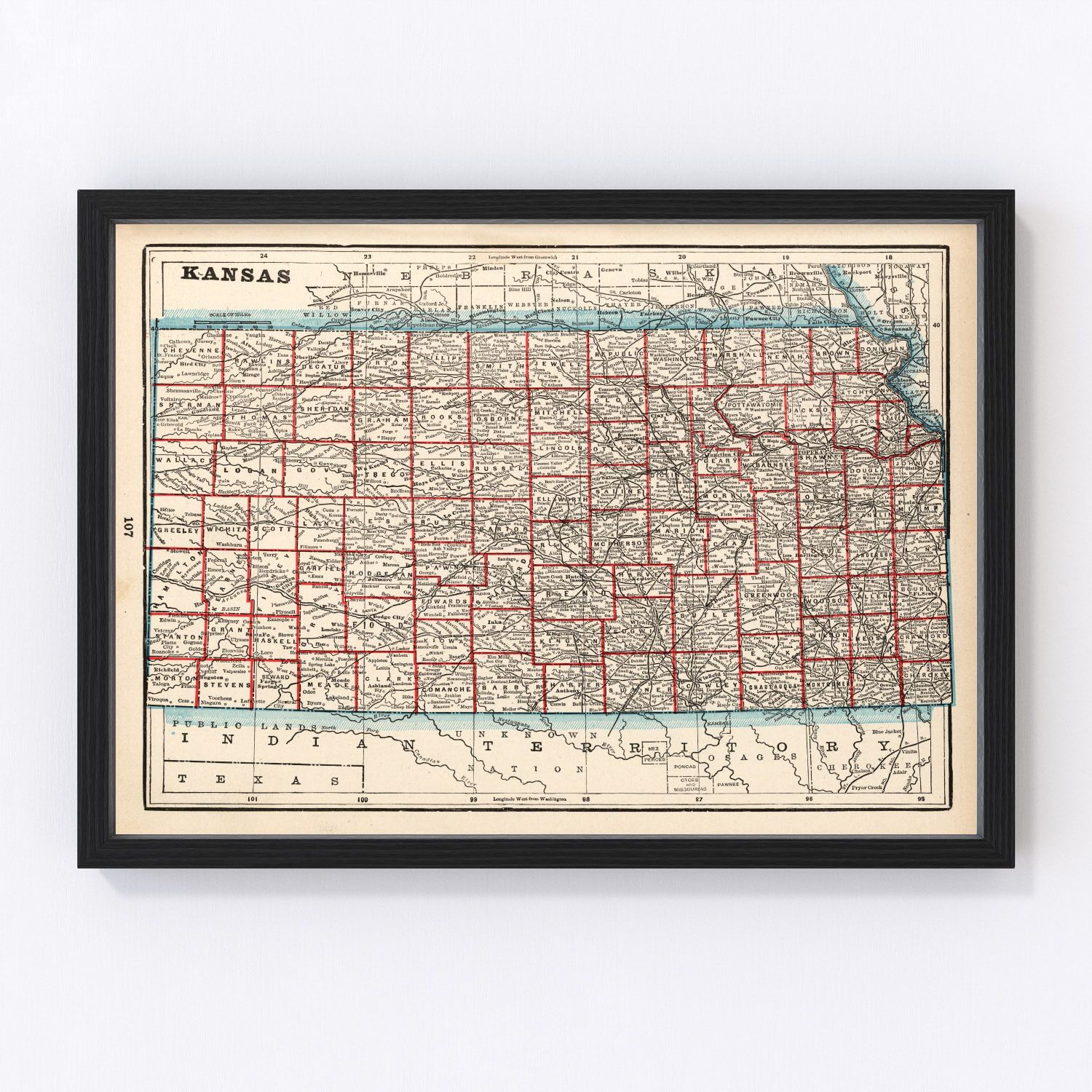 Vintage Map of Kansas 1893