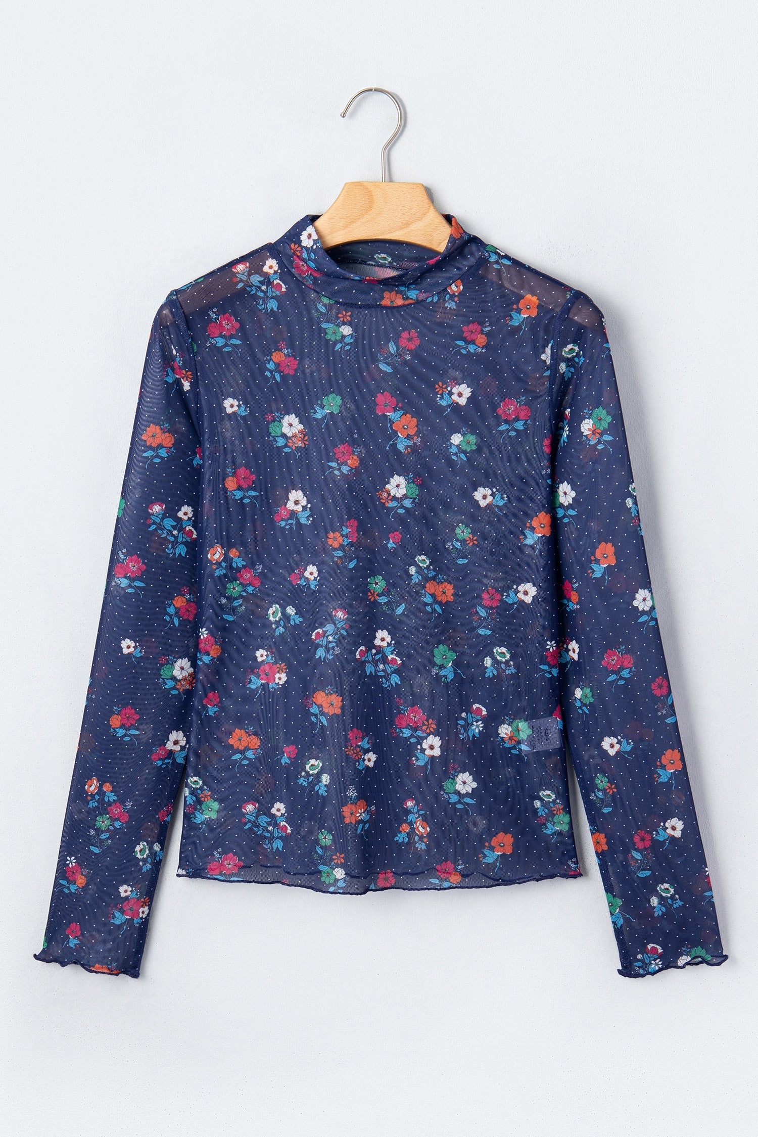 Polka Dot Floral Mesh Lettuce Trim Long Sleeve Top