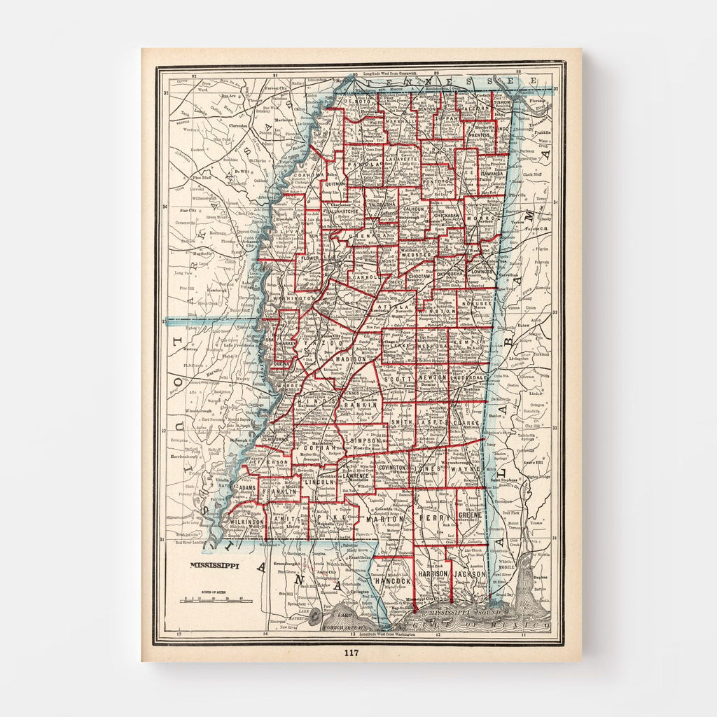 Vintage Map of Mississippi 1893