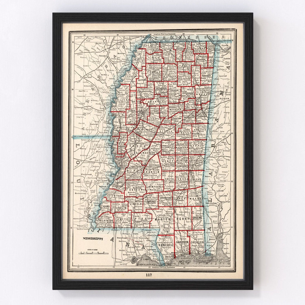 Vintage Map of Mississippi 1893