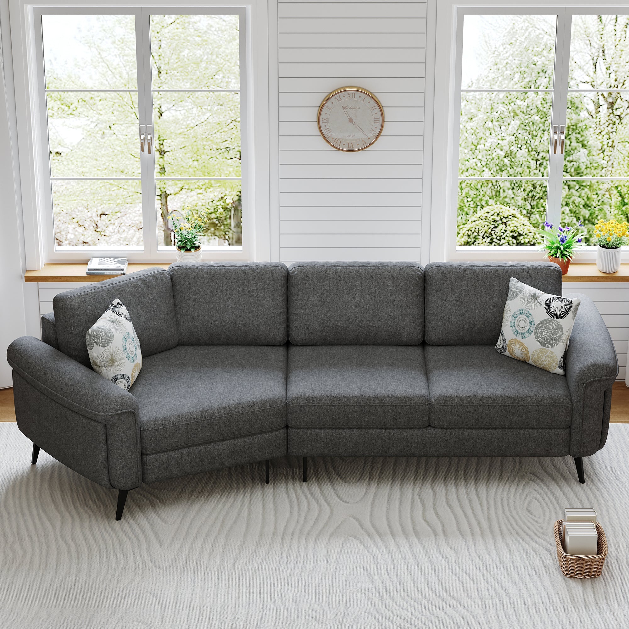 111' Upholstered 3-seater Sofa Curved Sofa Couch with Two Printed Pillows for Living Room, Dark Gray