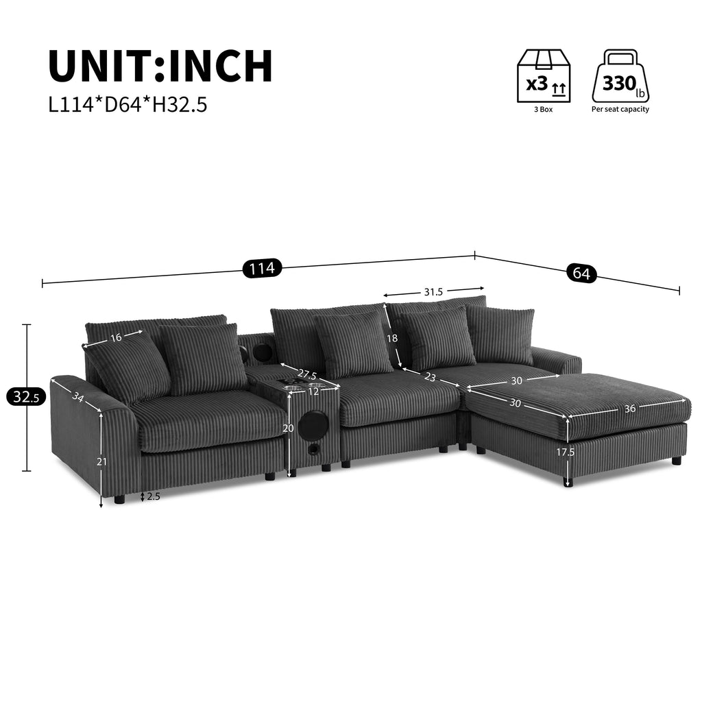 Modular Corduroy Sectional Sofa with Bluetooth Speakers, USB Charger, Cup Holders, Storage, and Ottoman in Dark Gray