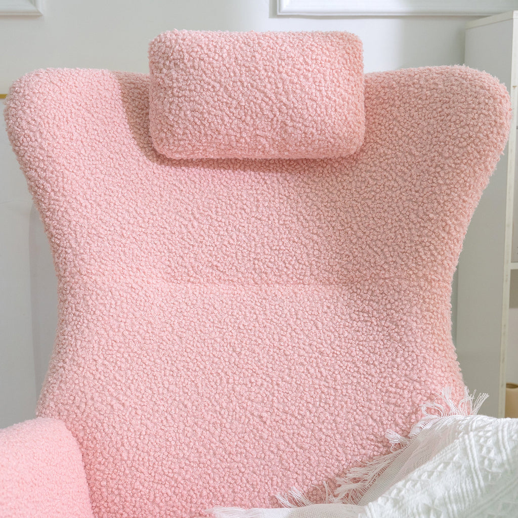 Rocking Chair Nursery, Teddy Upholstered Rocker Glider Chair with High Backrest, Adjustable Headrest & Pocket, Comfy Glider Chair for Nursery, Bedroom, Living Room, Offices, Rubber wood, pink