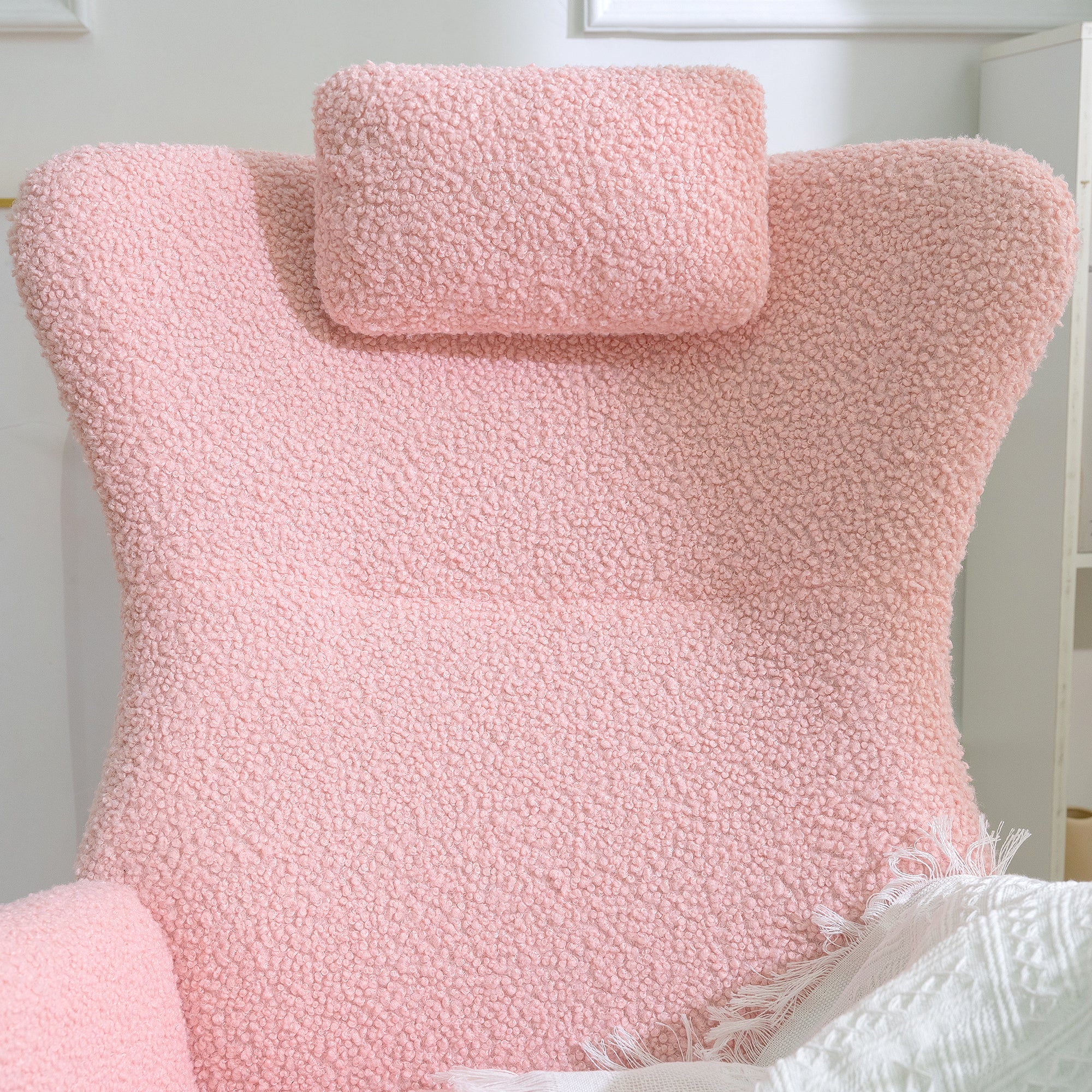 Rocking Chair Nursery, Teddy Upholstered Rocker Glider Chair with High Backrest, Adjustable Headrest & Pocket, Comfy Glider Chair for Nursery, Bedroom, Living Room, Offices, Rubber wood, pink