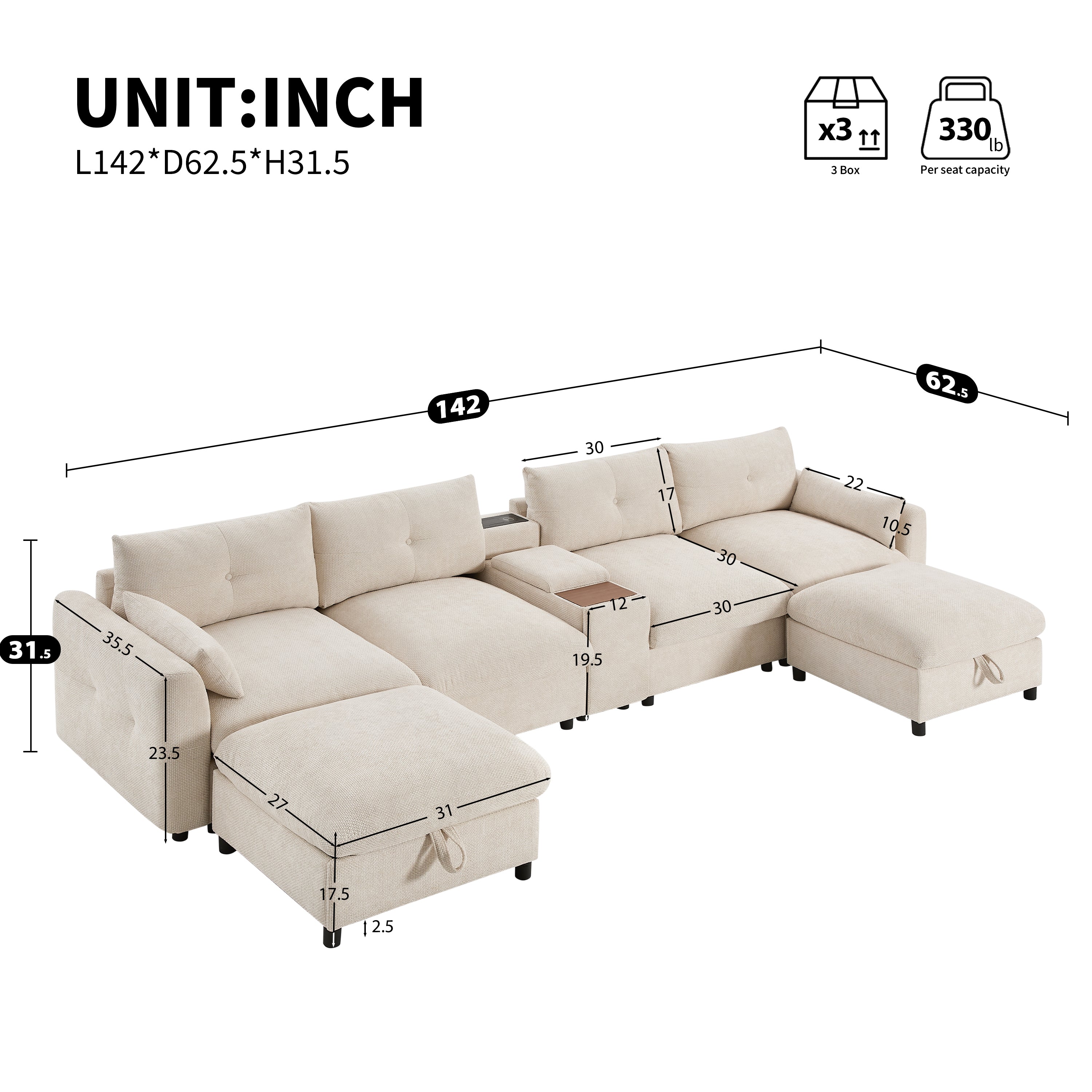 [VIDEO+NEW]142'' Modular Sectional Sofa with Movable Storage Ottoman and Console,Cup Holder,Wide Seat,6 Seat U Shaped Couch,Oversized Chenille Sofa with USB Charger for Living Room,Apartment,2 Colors
