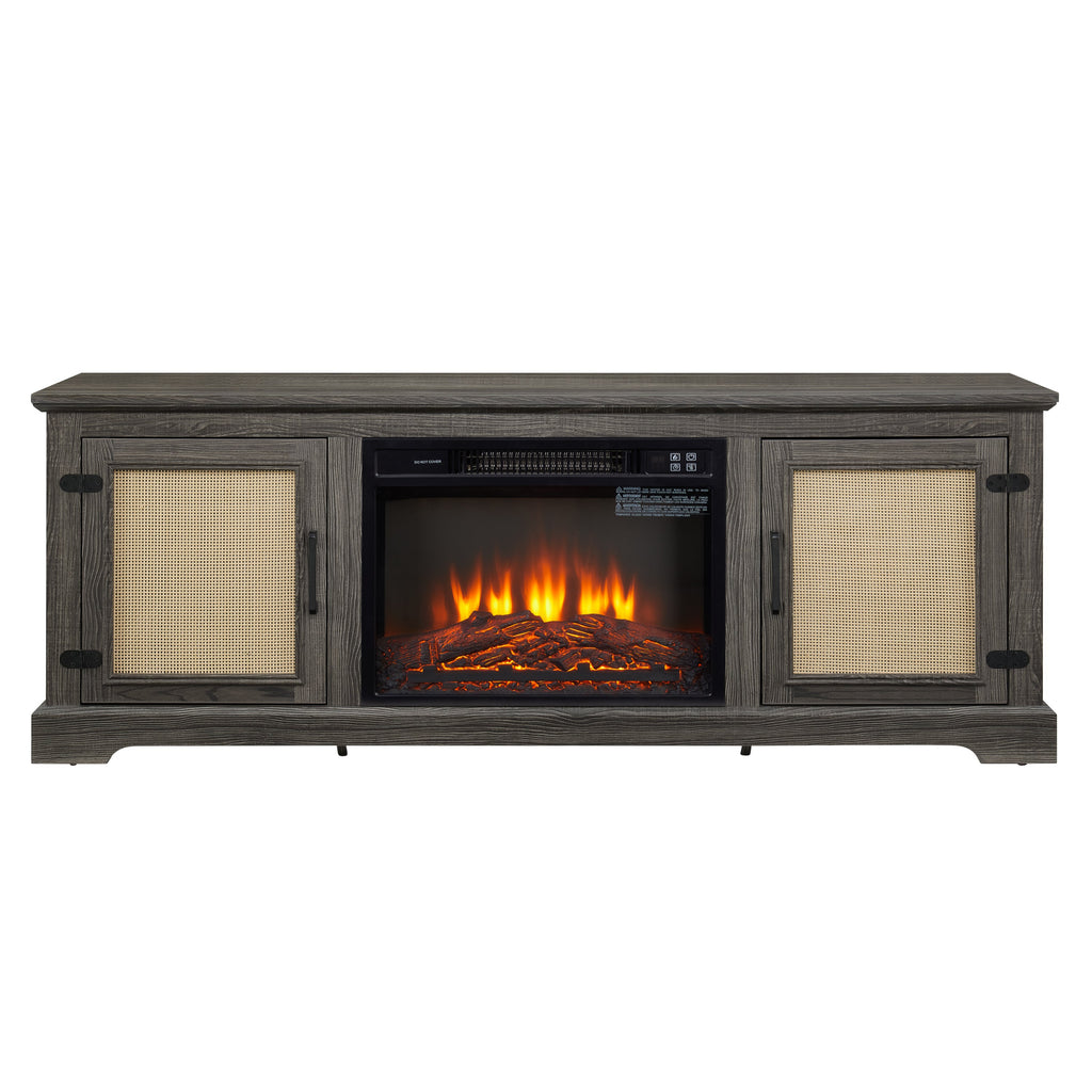 Natural Rattan Door Cabinet with Adjustable Shelf Wood, Farmhouse Rattan TV Stand Console Table for TVs up to 70 Inches, Storage tv stand with 23' fireplace insert, 65'W*15.55'D*23.86'H,GREY