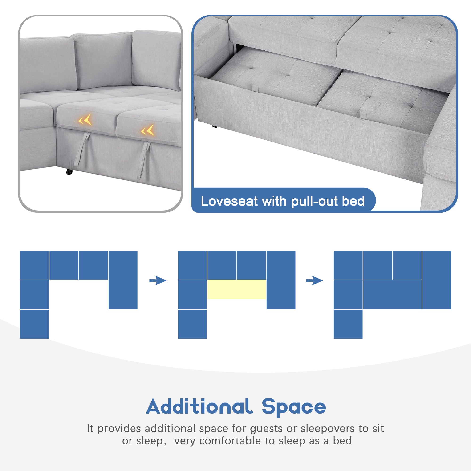 U_Style Sectional Sleeper Sofa with Pull-out Bed and Lounge Chair, USB and Type-C Interfaces, Suitable for Living Room, Office, and Spacious Spaces