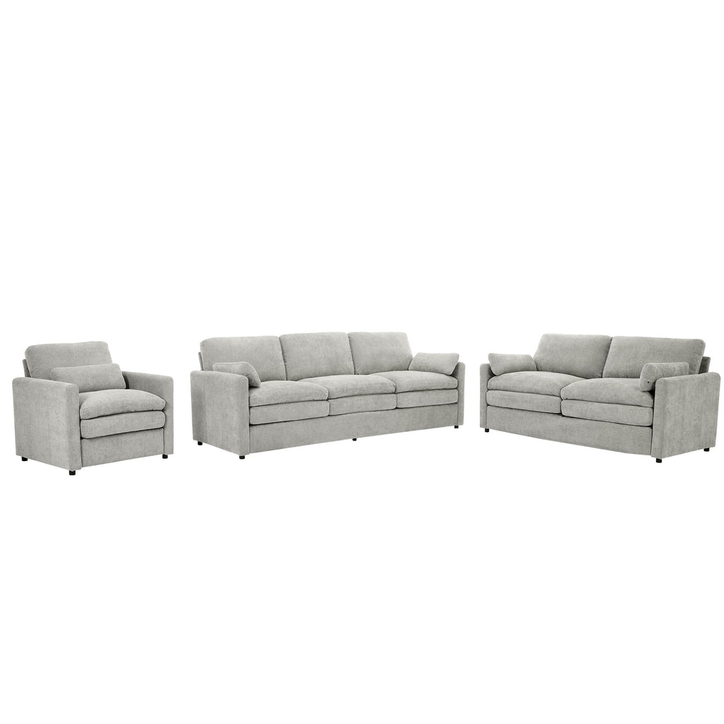 Cozy Upholstered Sofa Set with Double Cushion Design, Light Grey Chenille Fabric, Modern Living Room Couch