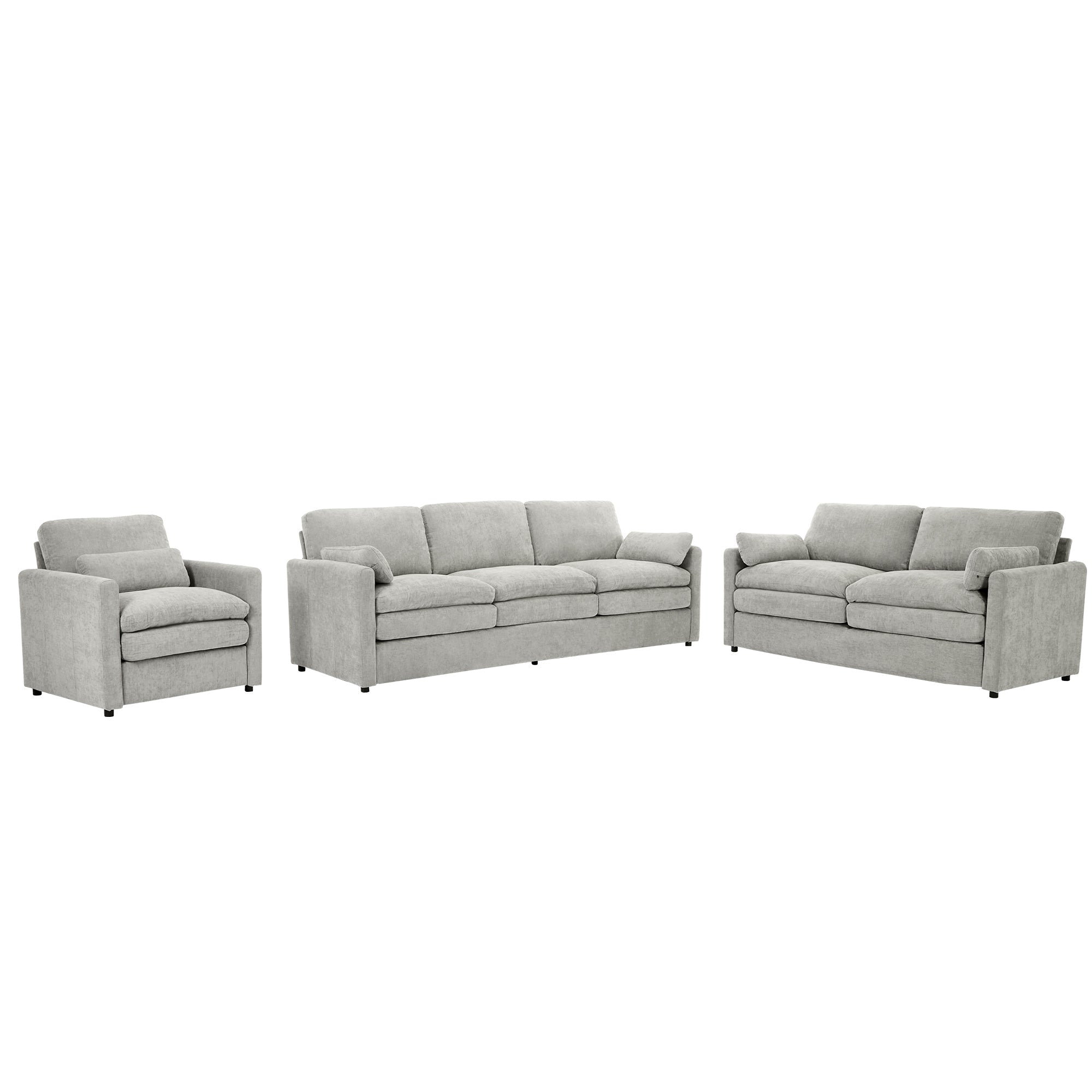 Cozy Upholstered Sofa Set with Double Cushion Design, Light Grey Chenille Fabric, Modern Living Room Couch