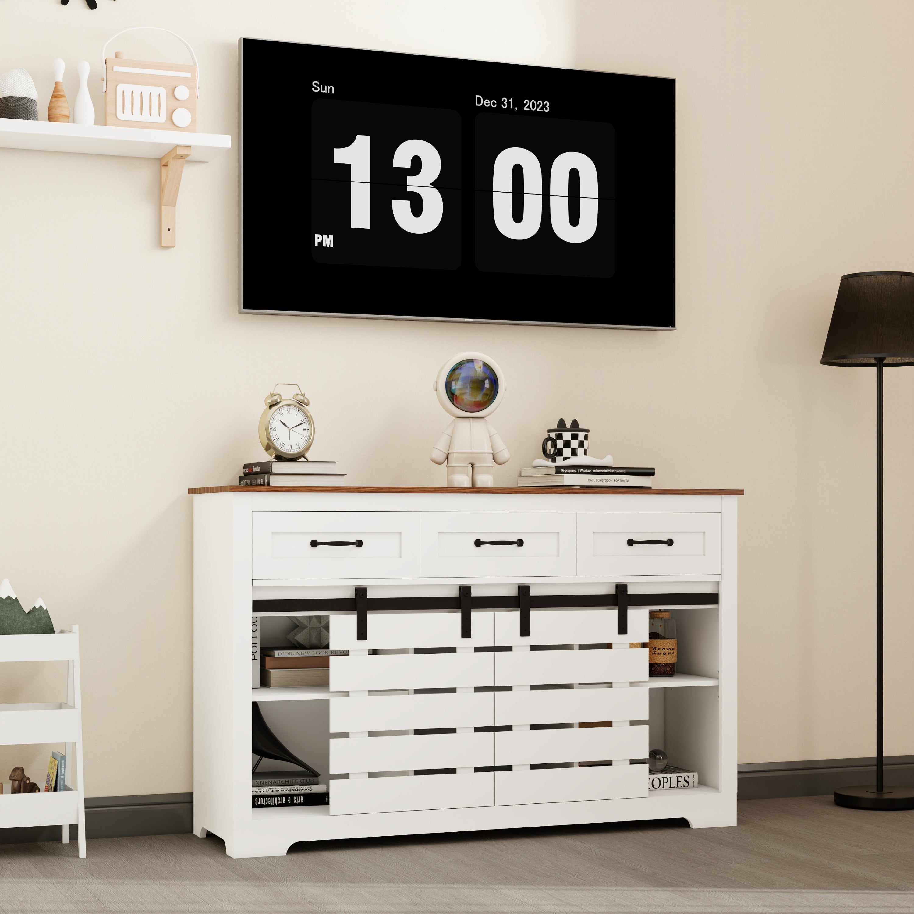 53' Farmhouse Sideboard Buffet Storage Cabinet with 3 Drawers, 2 Sliding Barn Doors, 2 Adjustable Shelves, Coffee Bar Cabinet for Kitchen, Living Room, Dining Room-White