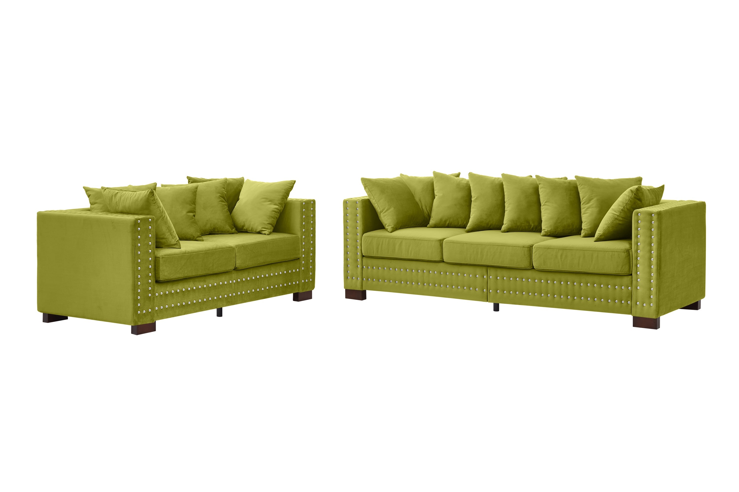 Modern Design Living Room Sofa 2+3 Seater Square armrest with Silver Nails Decoration Upholstered Velvet Couch Green