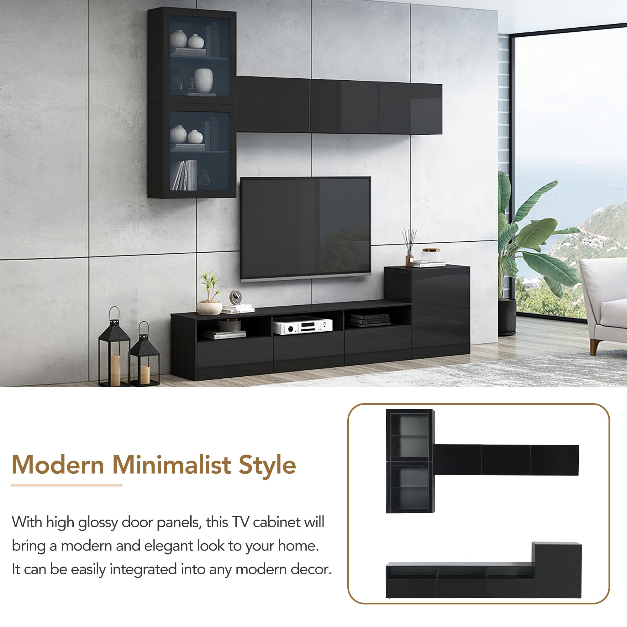 ON-TREND High Gloss TV Stand with Ample Storage Space, Media Console for TVs Up to 78', Versatile Entertainment Center with Wall Mounted Floating Storage Cabinets for Living Room, Black