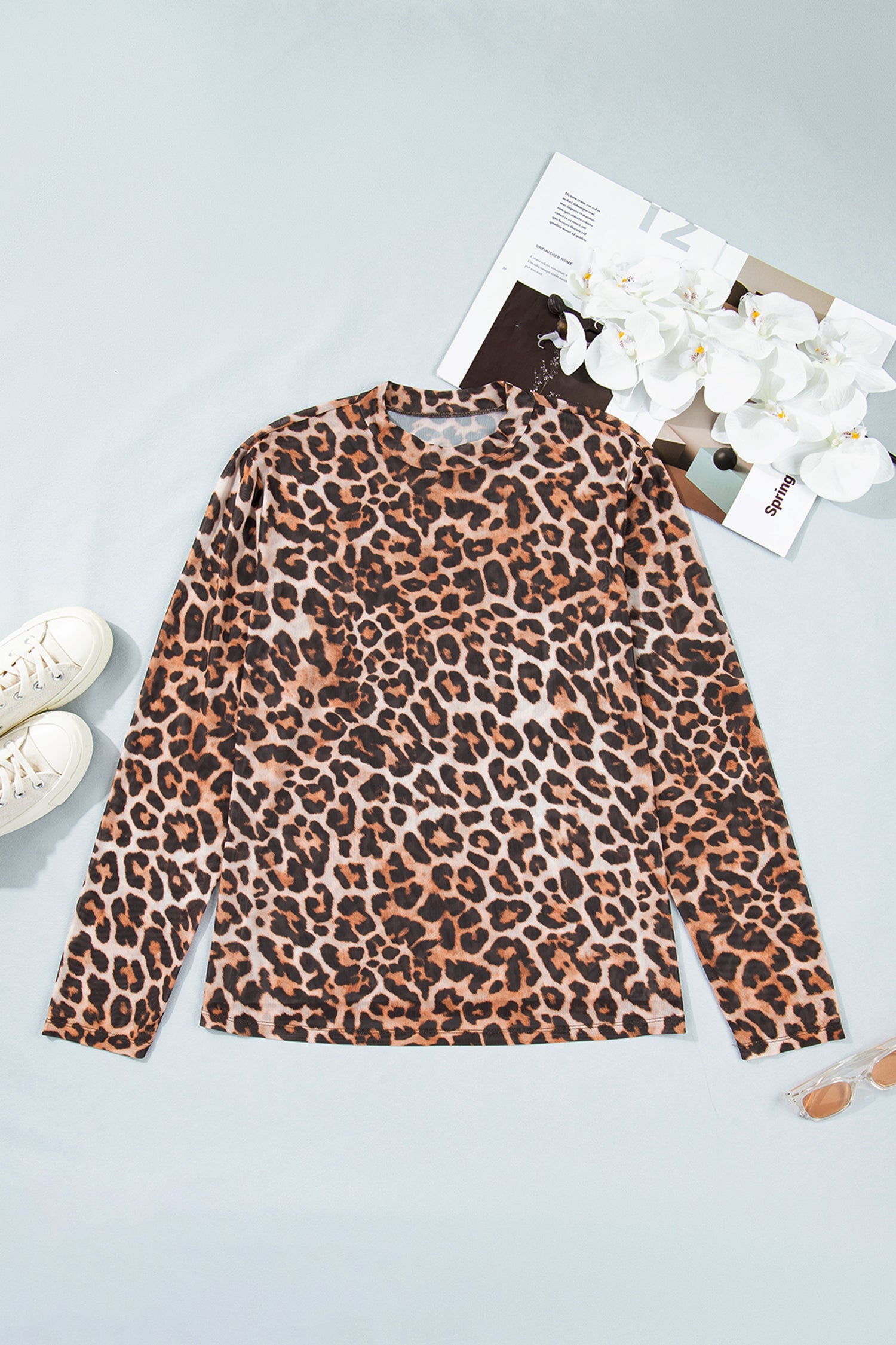 Plus Size Leopard Mesh Mock Neck Top
