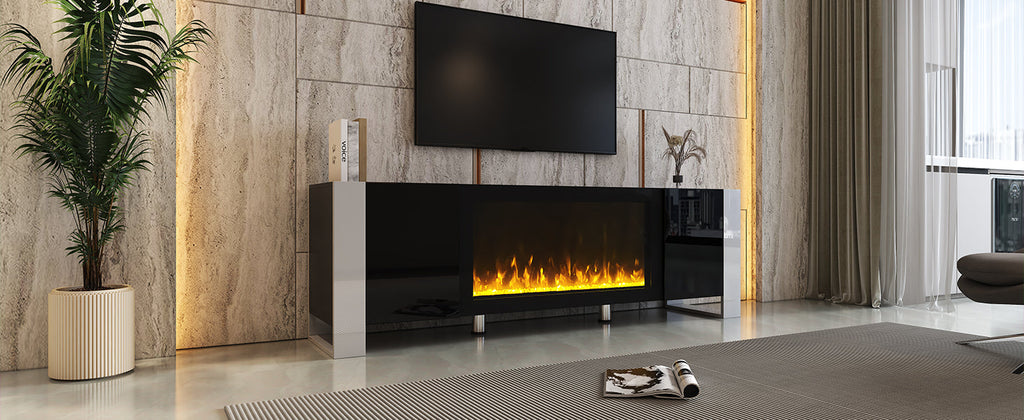 ON-TREND Modern TV Stand with 34.2' Non-heating Electric Fireplace, High Gloss Entertainment Center with 2 Cabinets, Media Console for TVs up to 78', Black