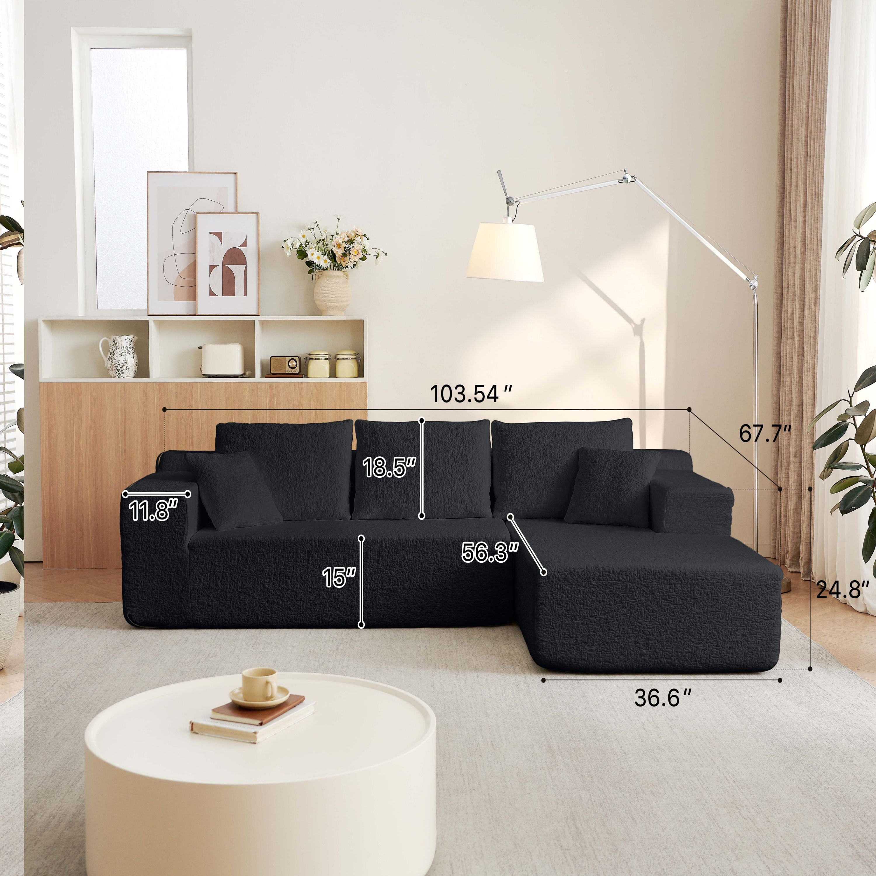 Modern Modular 104' Cloud Sectional Couch with L-Shape Chaise Upholstered in Black Chenille Fabric