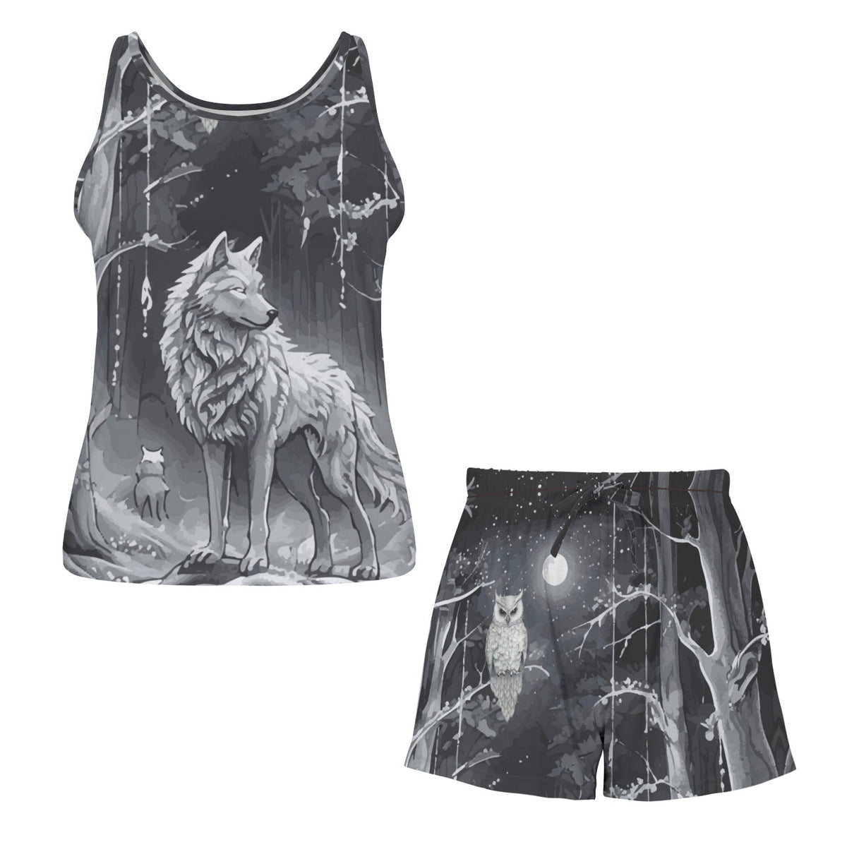 Ethereal Wolf in Moonlight Women's 2-piece Tank Top Pajama Shorts Set (Made in USA)