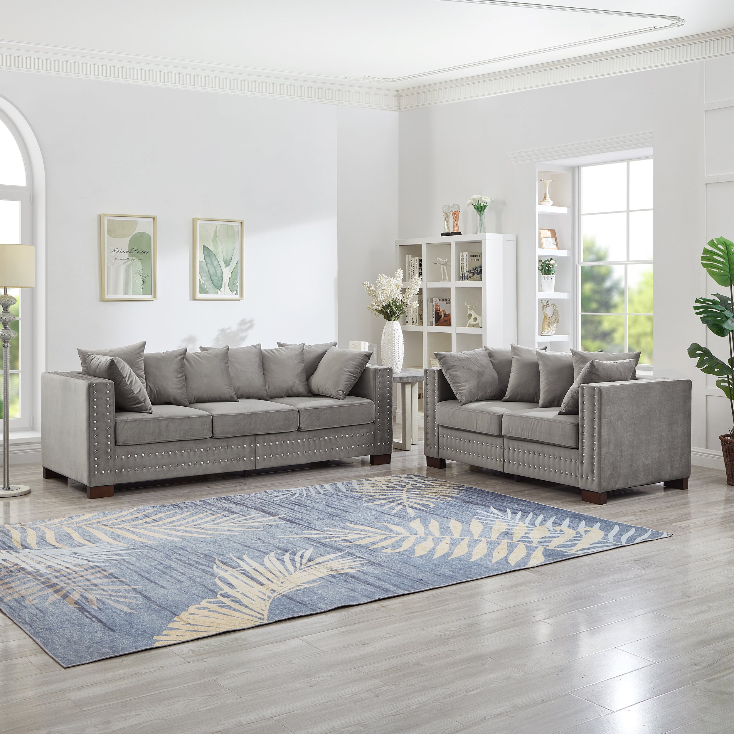 Modern Design Living Room Sofa 2+3 Seater Square armrest with Silver Nails Decoration Upholstered Velvet Couch Grey