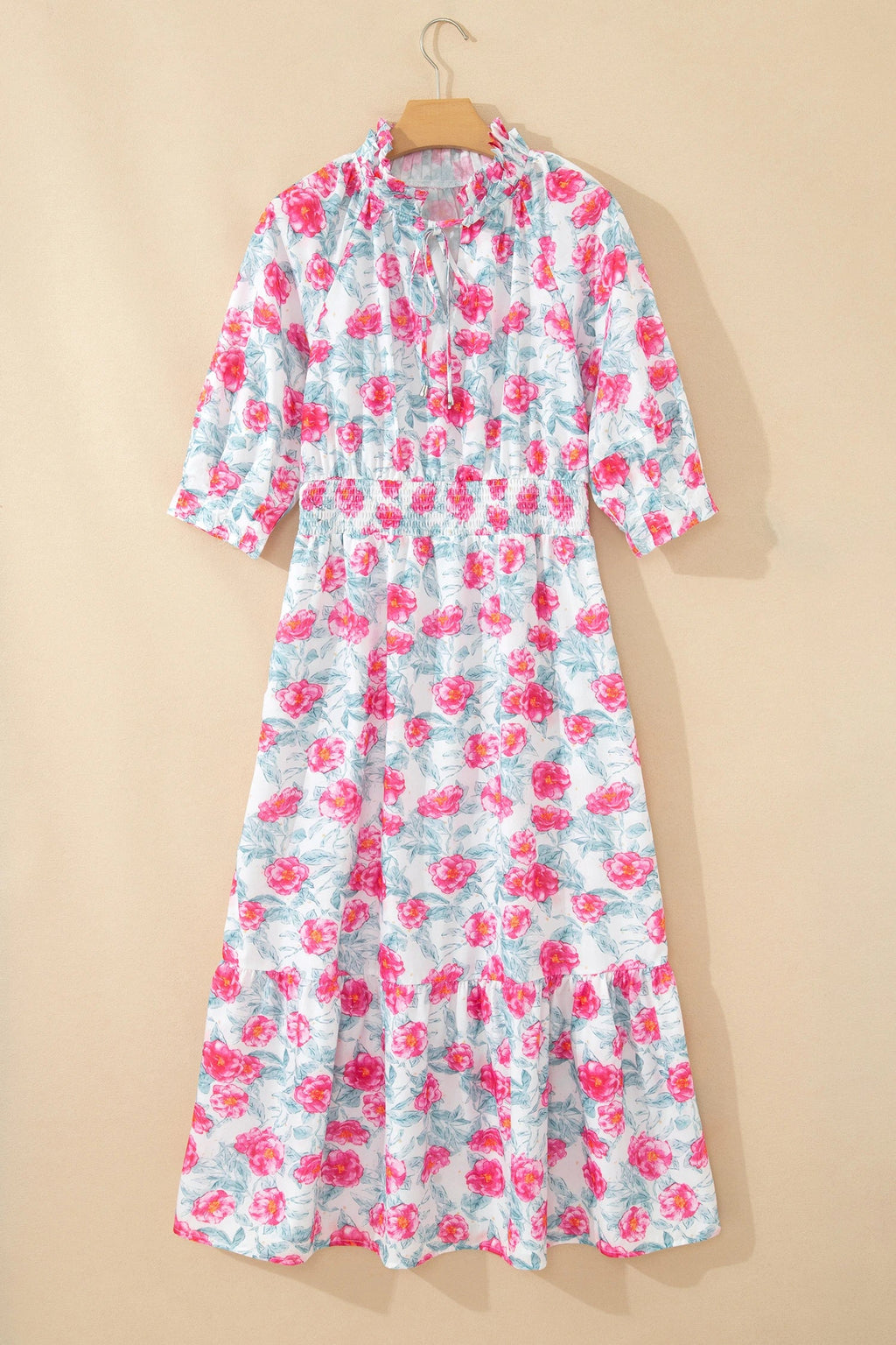 Floral Tie V-Neck Puff Sleeve Midi Dress