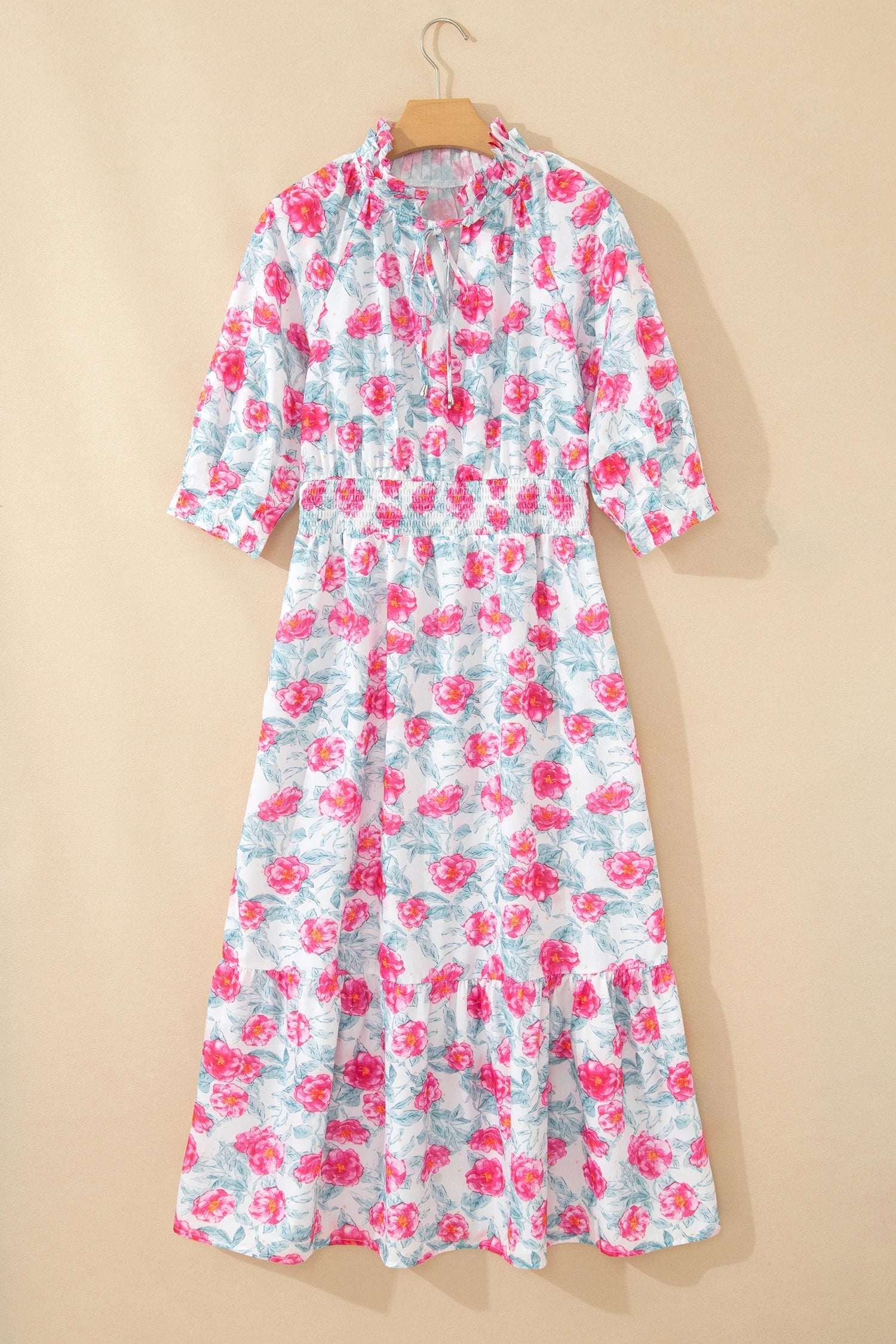 Floral Tie V-Neck Puff Sleeve Midi Dress