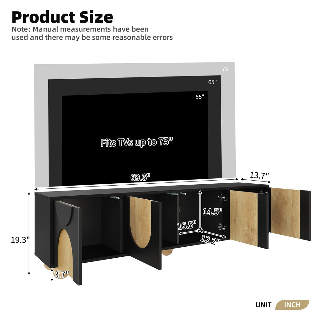Farmhouse TV Stand with Cable Holes for TVs up to 75', Cream Style Media Console with Rebound Device, Elegant Entertainment Center with 5 Solid Wood Legs for Living Room, Bedroom, Black, 69.6'W