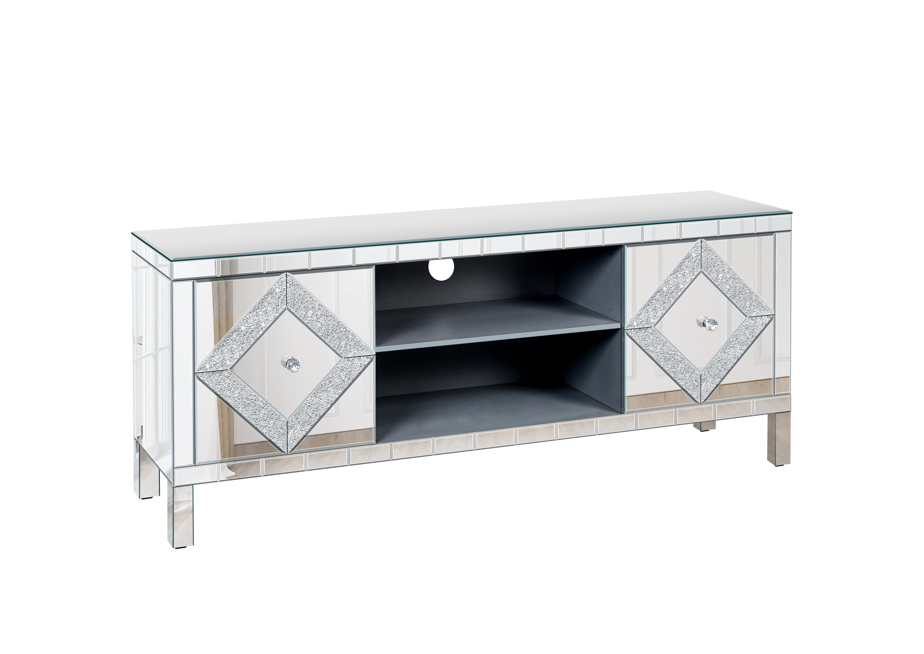47 Inch Mirror TV Media Console with Diamond Glass Doors, Dual Door Design and Open Storage Space, Compatible with 50-Inch TVs&Modern Decor for Living Room & Bedroom