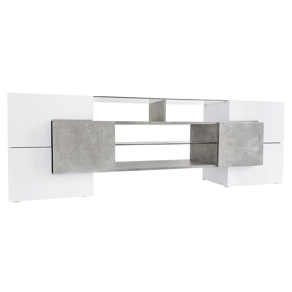 ON-TREND Unique Shape TV Stand with 2 Illuminated Glass Shelves, High Gloss Entertainment Center for TVs Up to 88', Versatile TV Cabinet with LED Color Changing Lights for Living Room, Grey