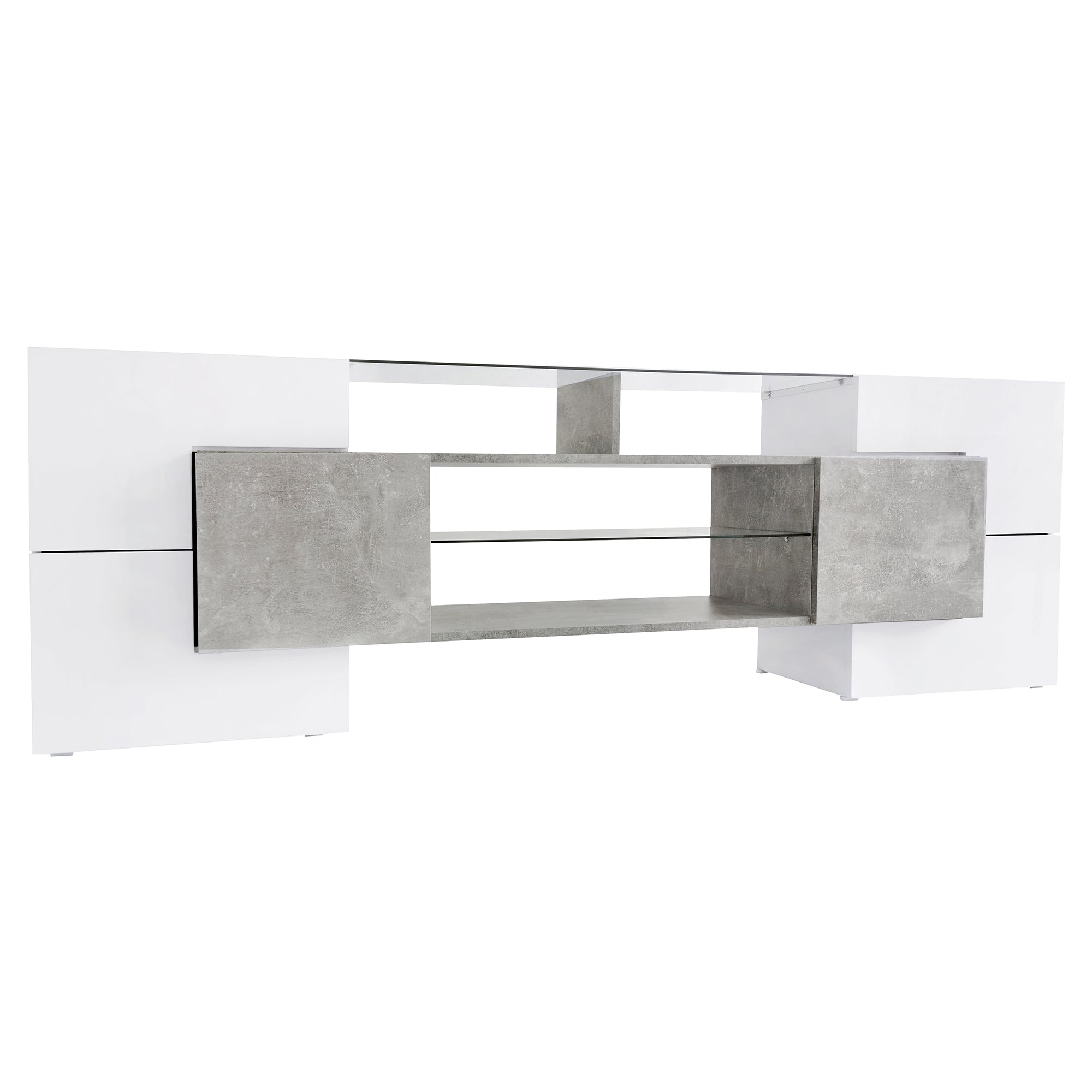 ON-TREND Unique Shape TV Stand with 2 Illuminated Glass Shelves, High Gloss Entertainment Center for TVs Up to 88', Versatile TV Cabinet with LED Color Changing Lights for Living Room, Grey