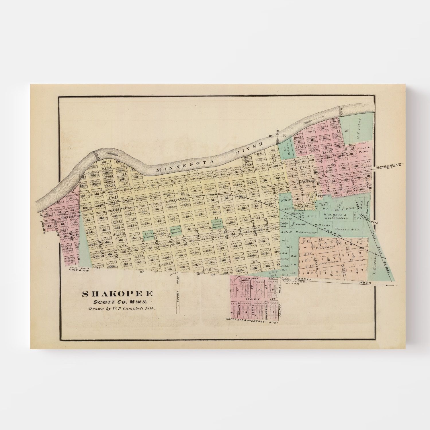 Vintage Map of Shakopee, Minnesota 1874