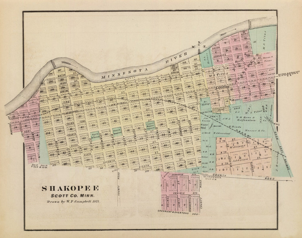 Vintage Map of Shakopee, Minnesota 1874