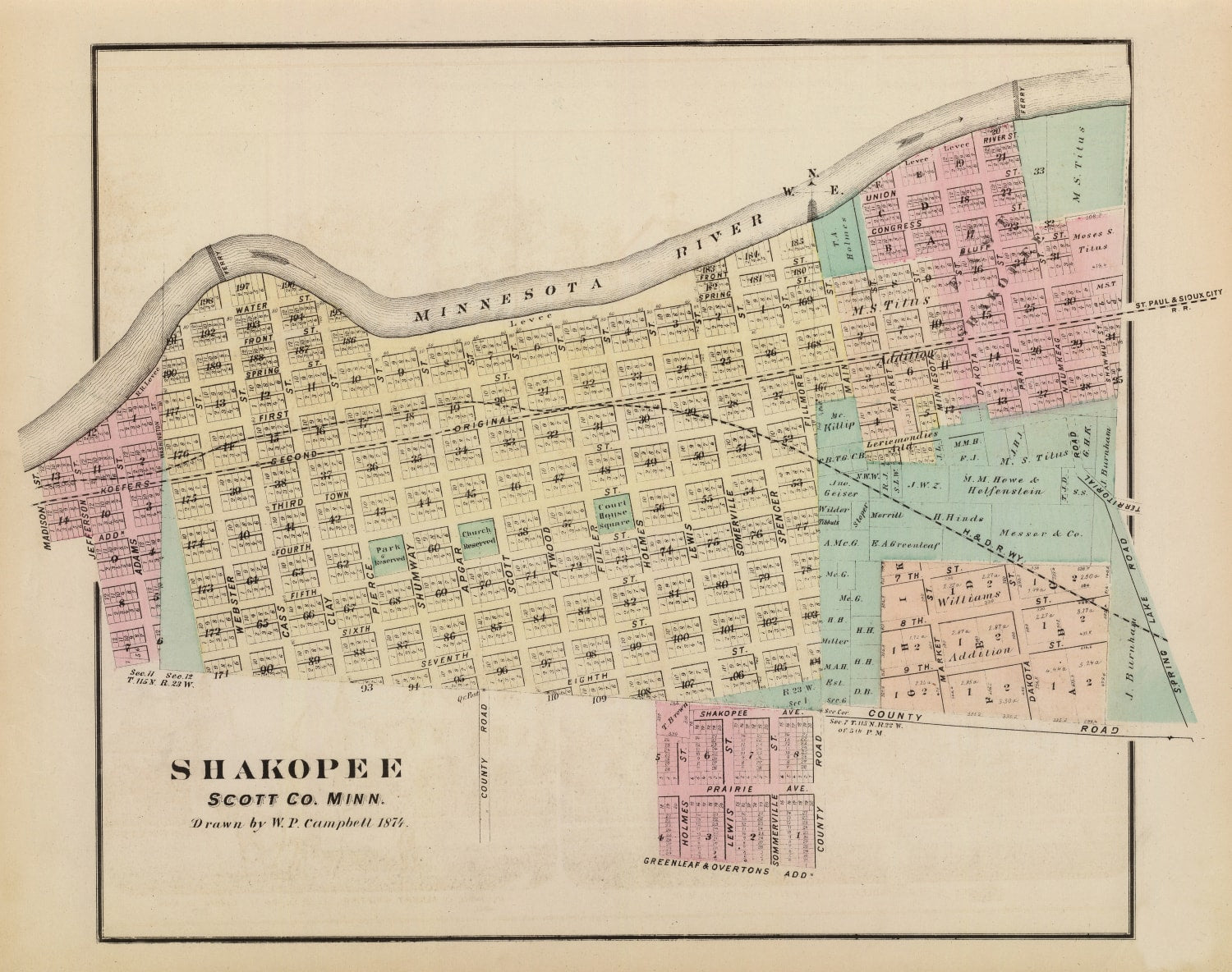 Vintage Map of Shakopee, Minnesota 1874