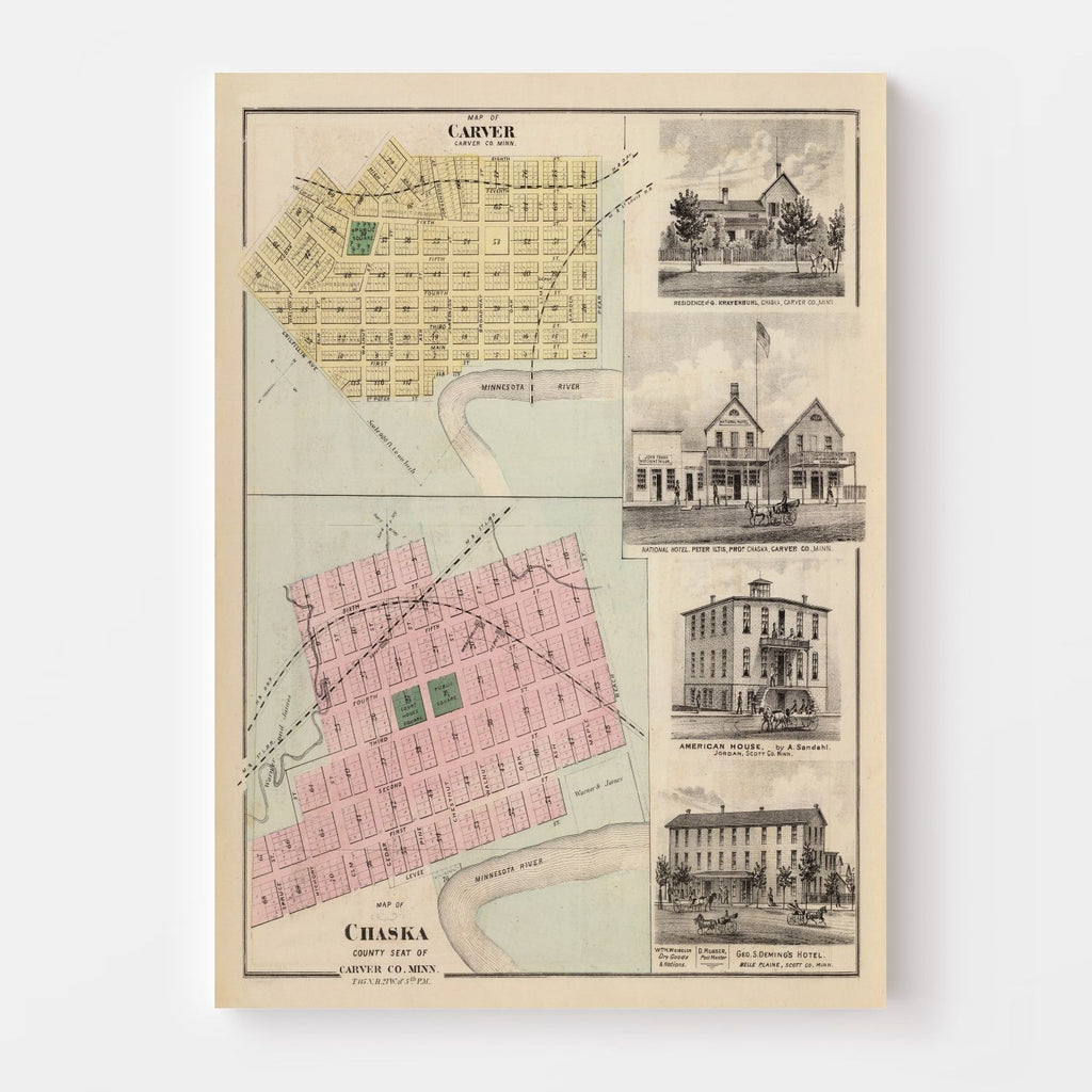 Vintage Map of Carver, Minnesota 1874