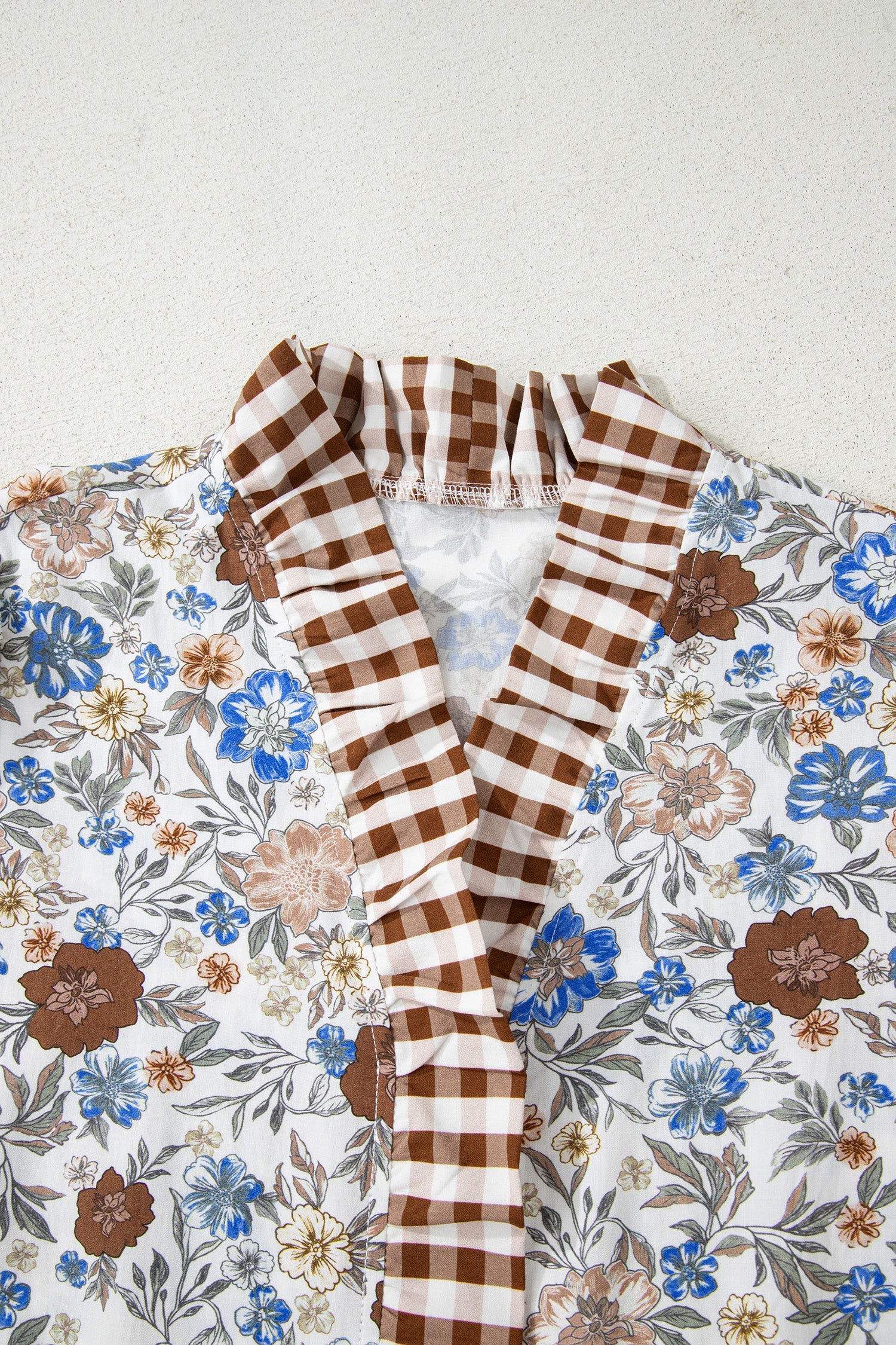 Floral Plaid Frilled Trim Long Sleeve Blouse