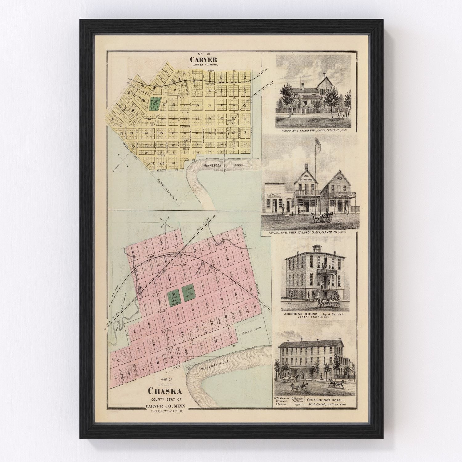 Vintage Map of Carver, Minnesota 1874