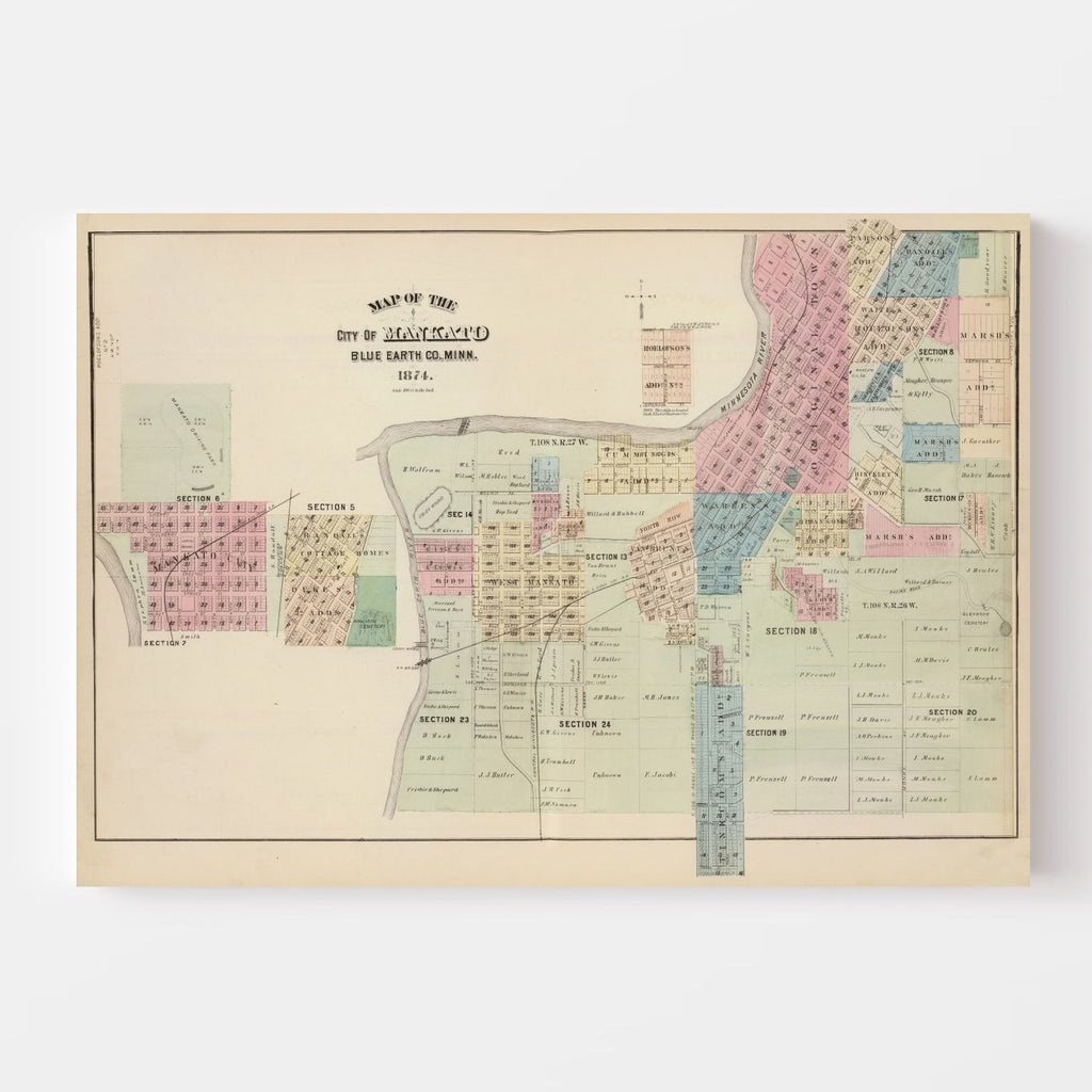 Vintage Map of Mankato, Minnesota 1874