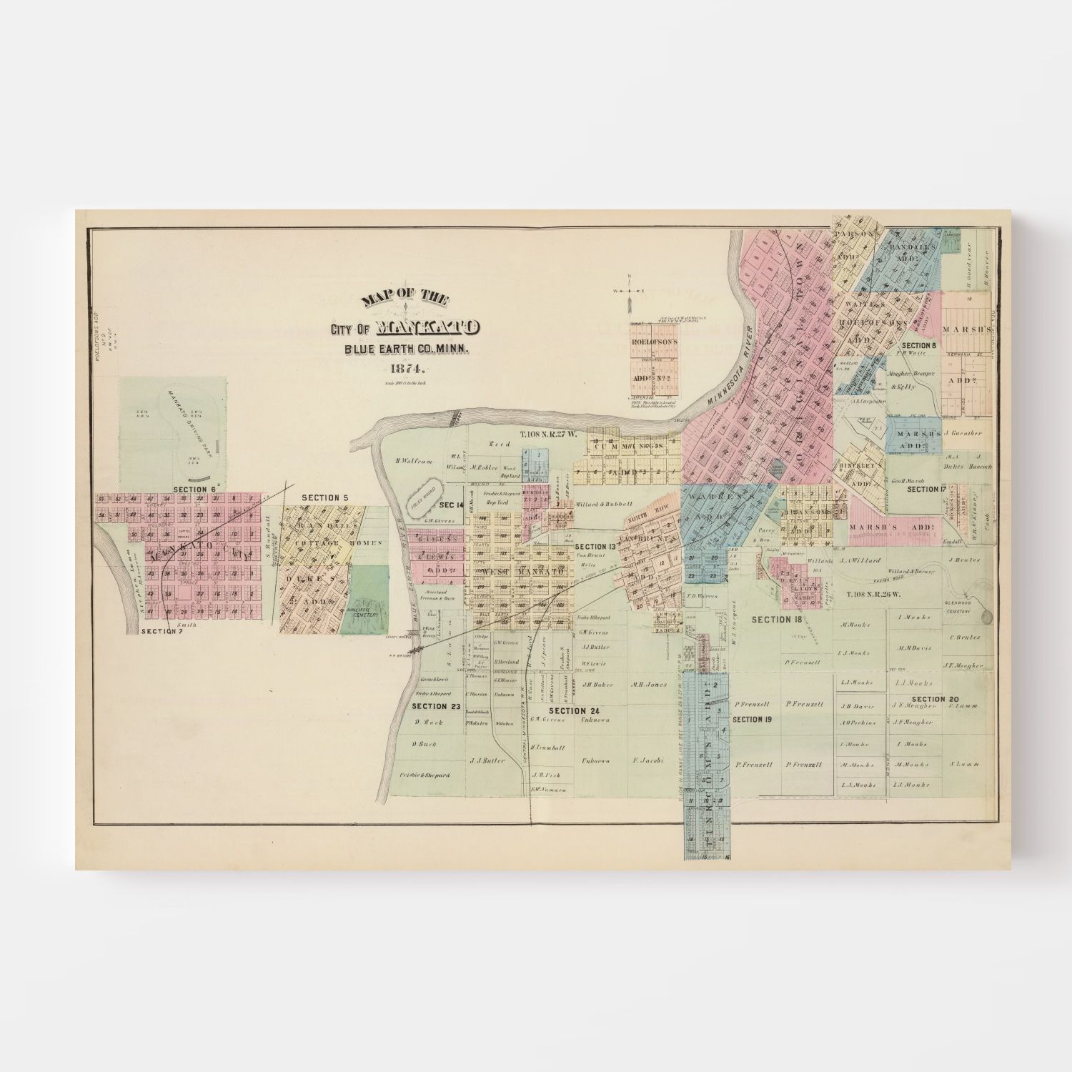 Vintage Map of Mankato, Minnesota 1874