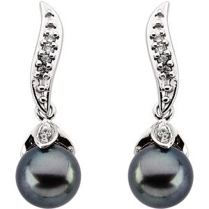 14K White Gold Cultured Black Akoya Pearl & 1/10 CTW Natural Diamond Earrings