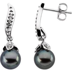 14K White Gold Cultured Black Akoya Pearl & 1/10 CTW Natural Diamond Earrings