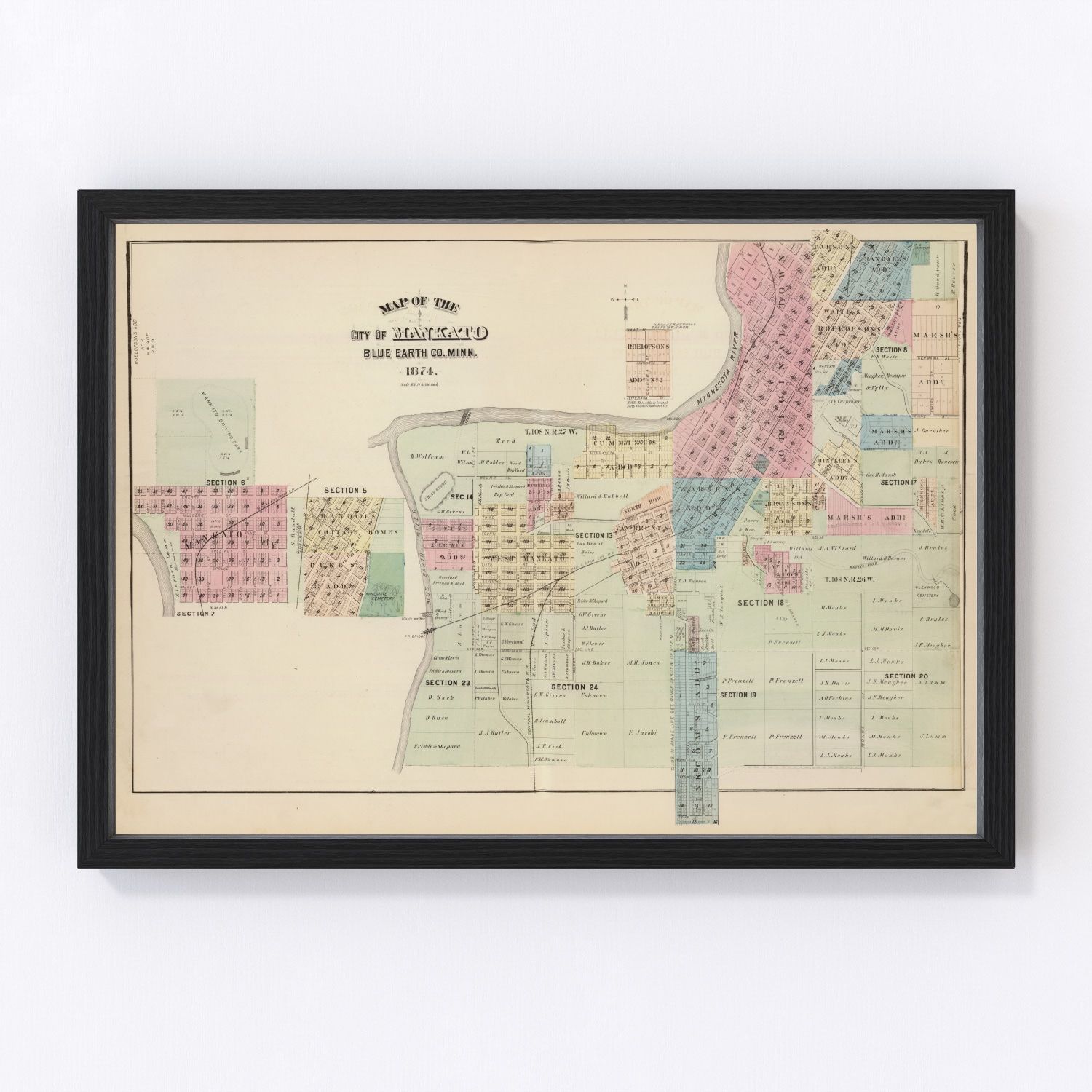 Vintage Map of Mankato, Minnesota 1874