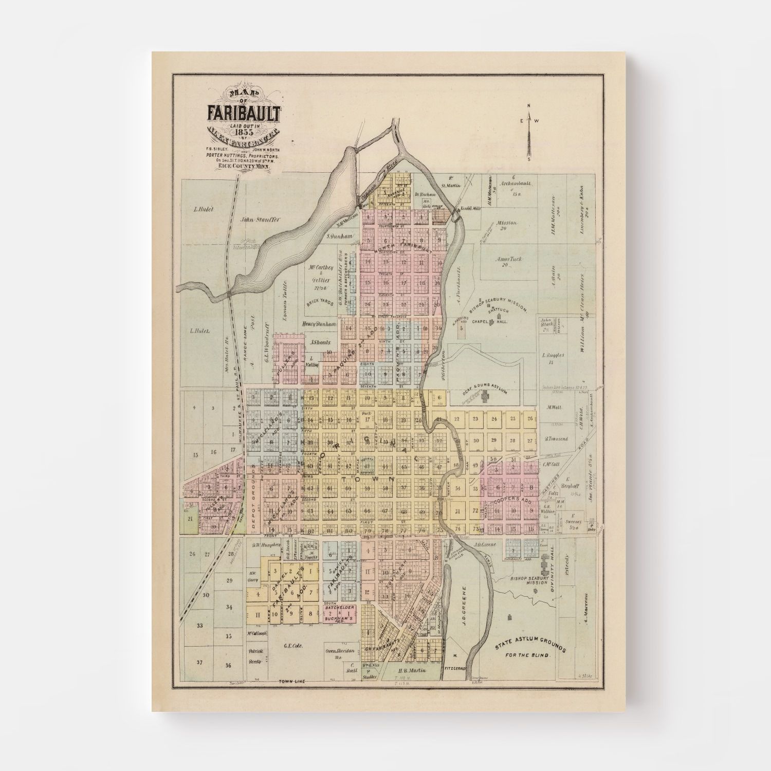 Vintage Map of Faribault, Minnesota 1874