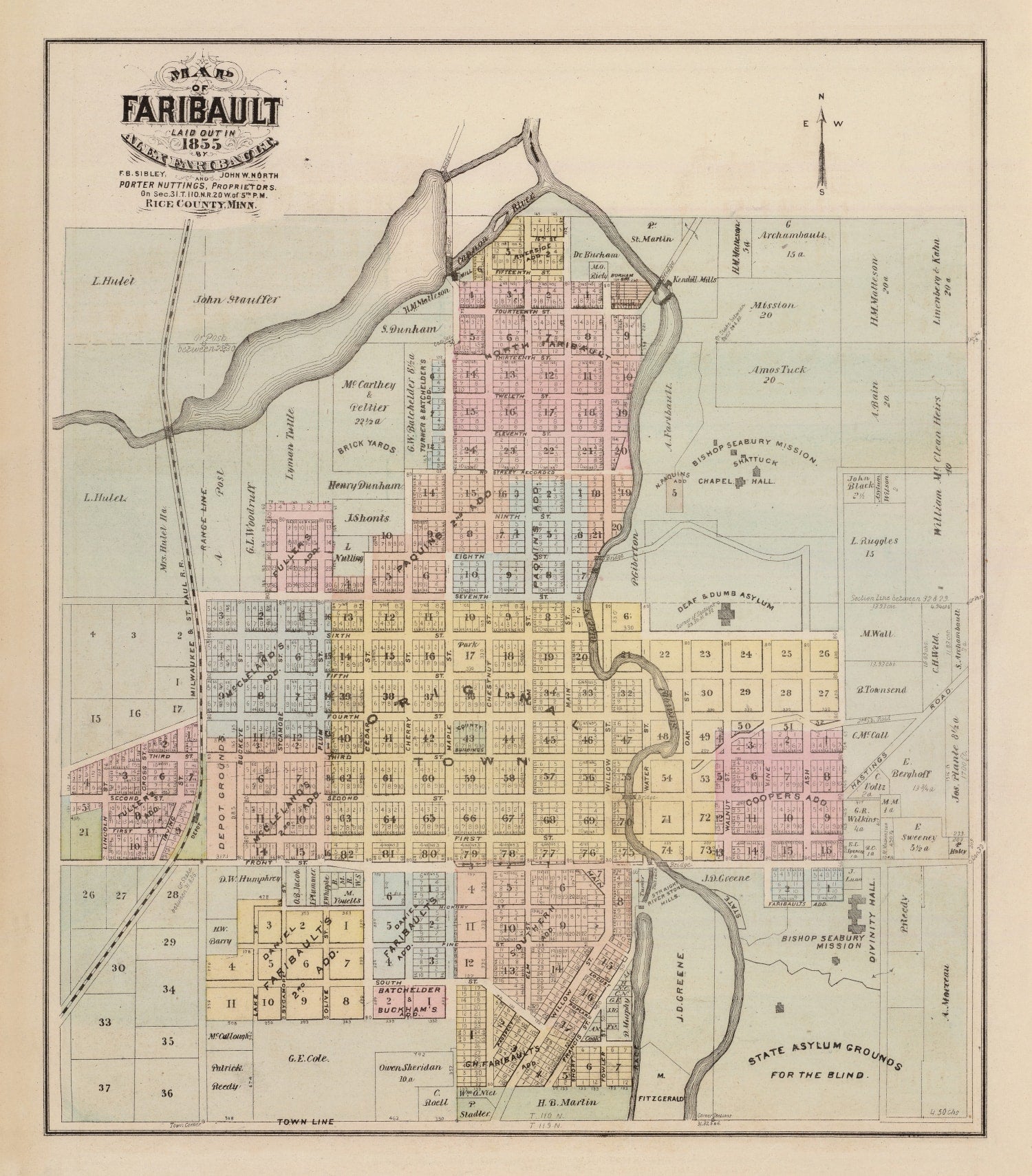 Vintage Map of Faribault, Minnesota 1874