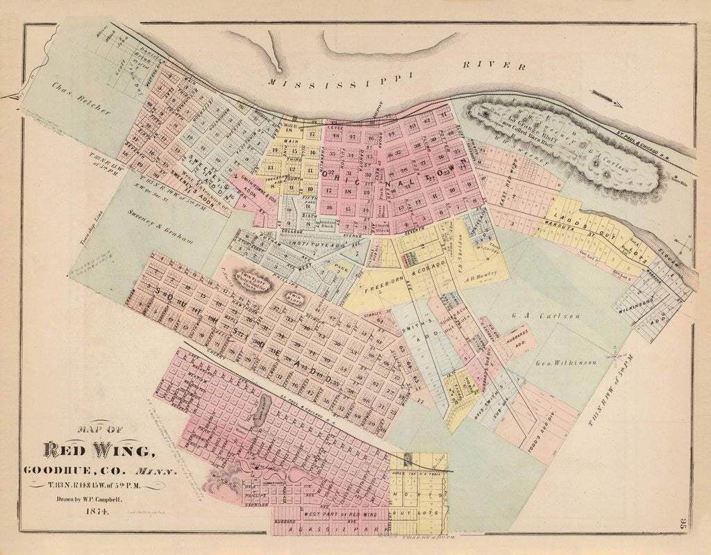 Vintage Map of Red Wing, Minnesota 1874