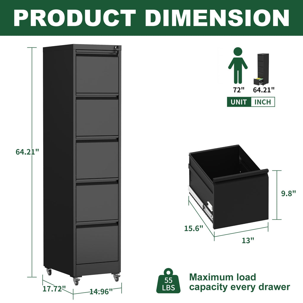Heavy Duty Black Metal 5 Drawer Vertical File Cabinet with Lock and Wheels for Home Office