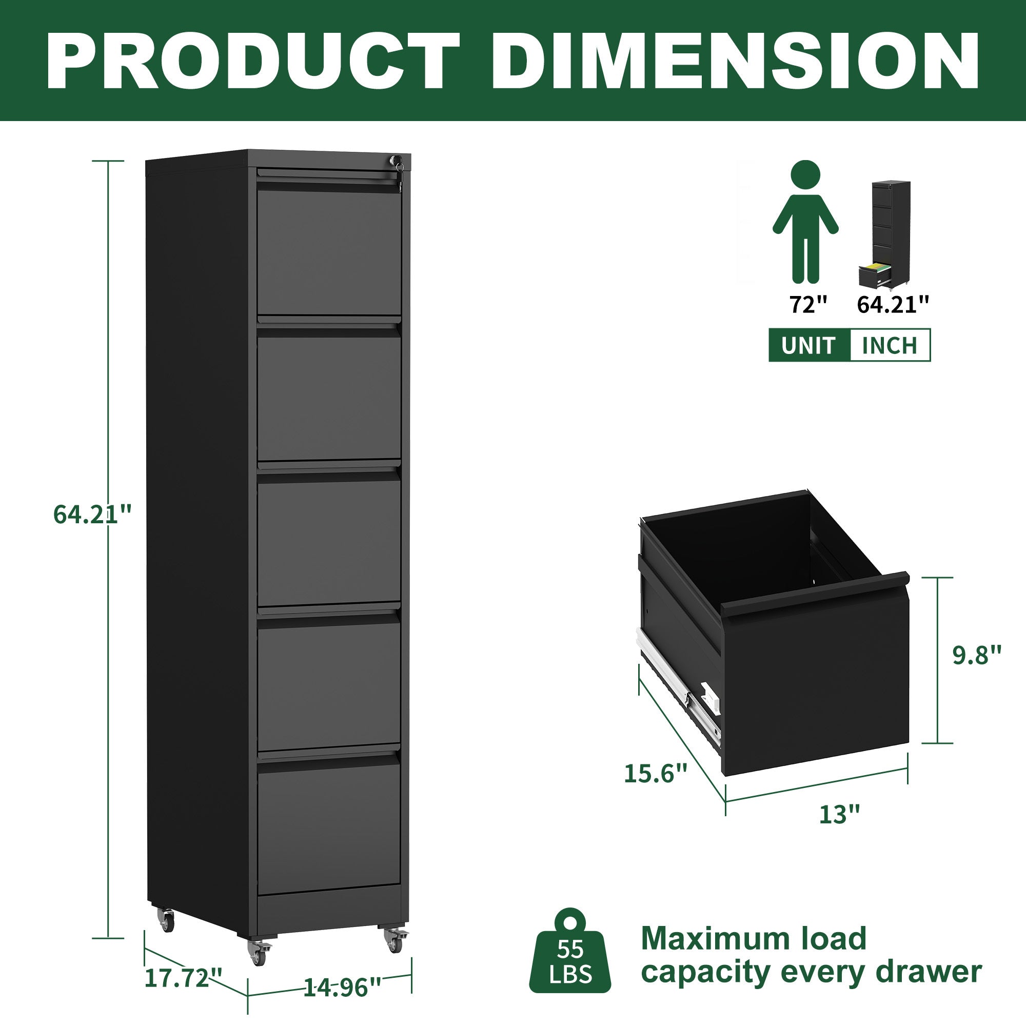 Heavy Duty Black Metal 5 Drawer Vertical File Cabinet with Lock and Wheels for Home Office
