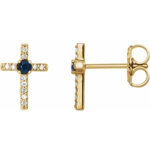 14K Yellow Gold Natural Blue Sapphire & .05 CTW Natural Diamond Cross Earrings