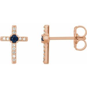 14K Rose Gold Natural Blue Sapphire & .05 CTW Natural Diamond Cross Earrings
